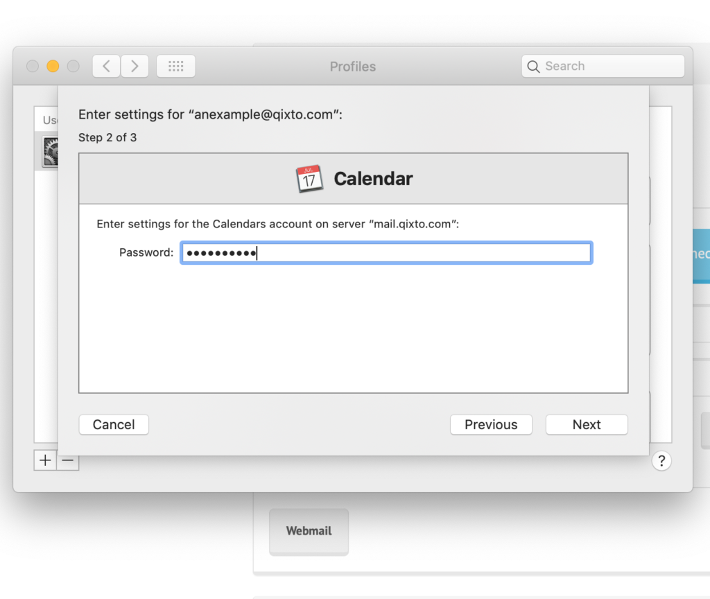 Enter the password for the calendar account